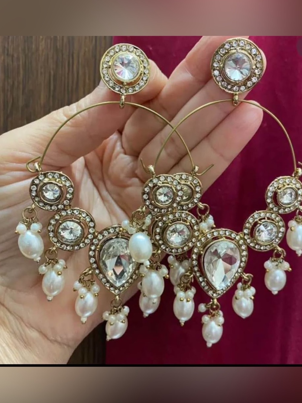 Gold and Pearl Chandelier Hoop Earrings with Clear Crystals